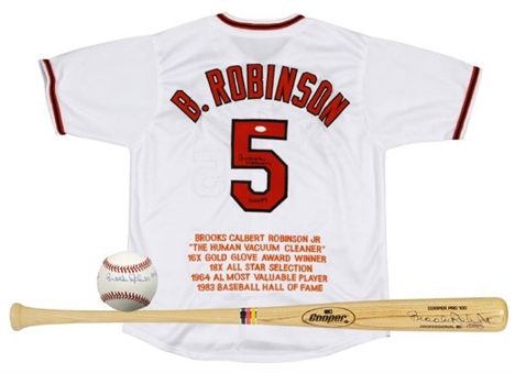 Brooks Robinson Signed lot of (3): Bat, Baseball, and Jersey